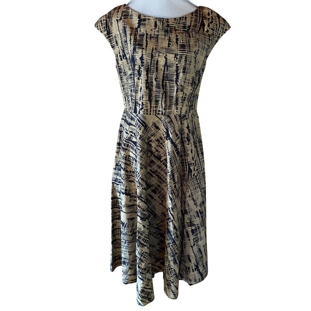 Max Mara Weekend NWT Saloon Dress Beige Black Abstract Cotton Midi 12 NEW Modest